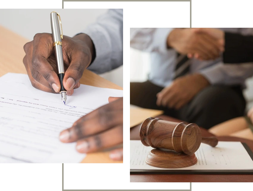A collage of two pictures with a judge 's gavel and a person writing on paper.